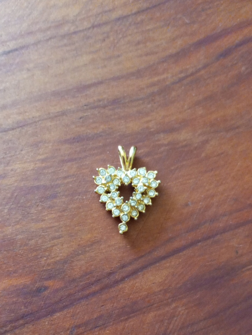Gold Tone Open Heart Pendant with Clear Rhinestones